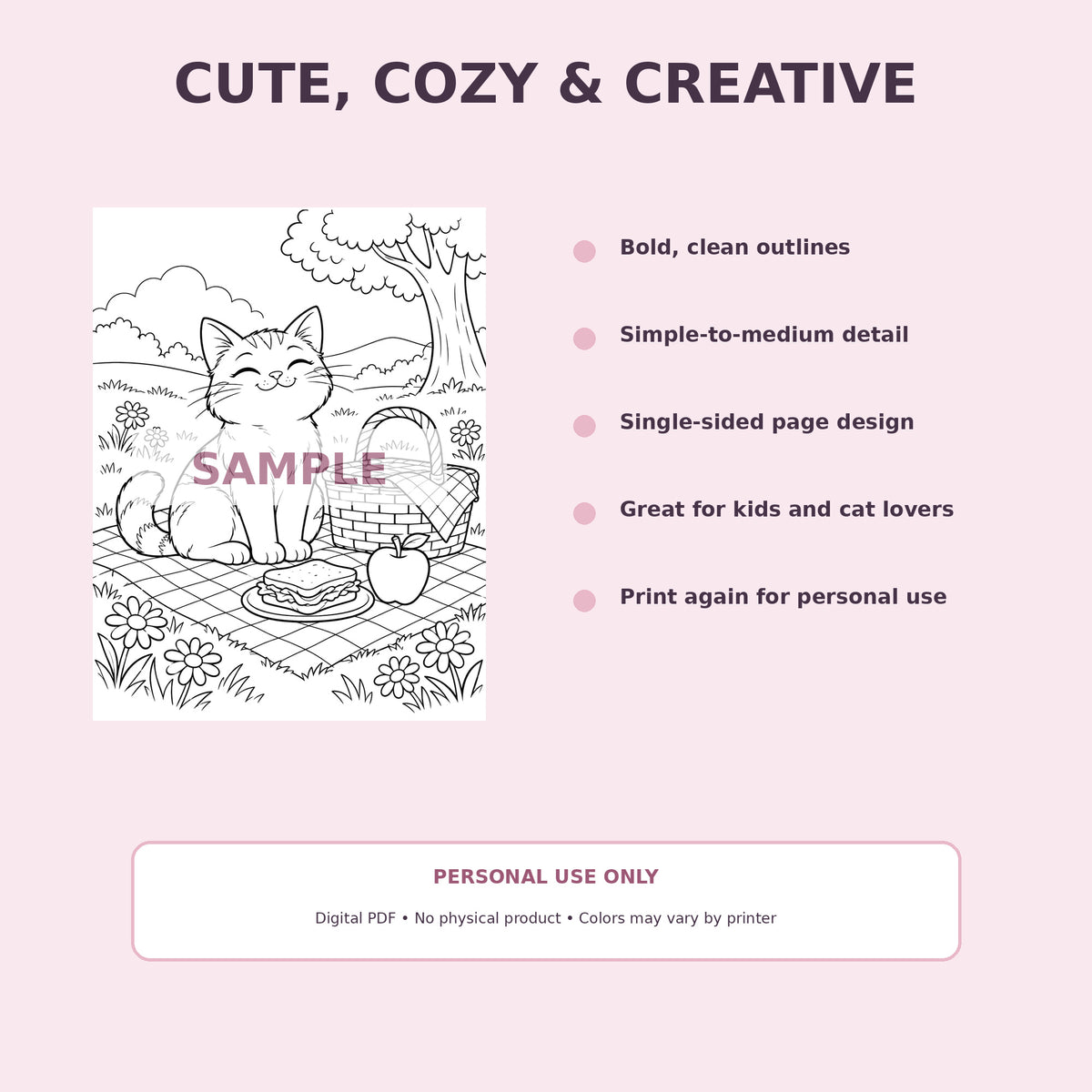 Whiskers & Wonders Printable Cat Coloring Book – 25 Pages.