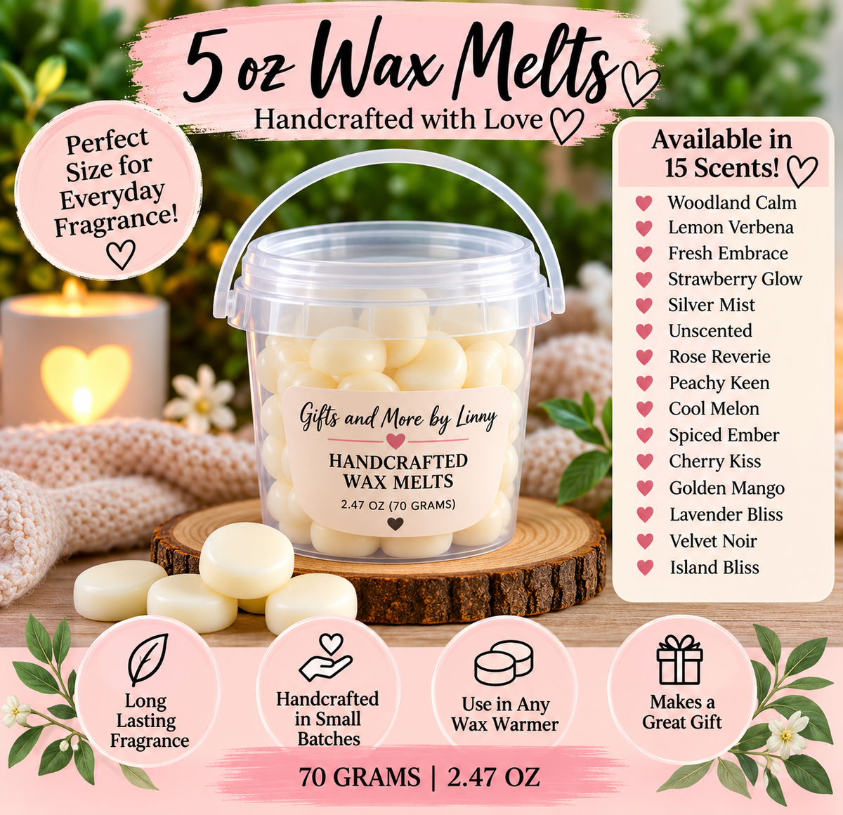 Handcrafted Mini Round Wax Melts – 5 oz Bucket (70g)