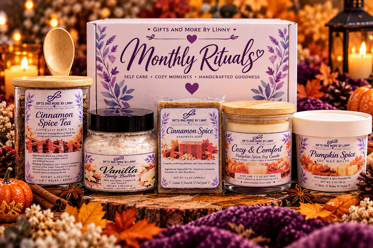Complete Ritual monthly subscription promotional image for candle, wax melts, soap, body lotion and seasonal tea; example only