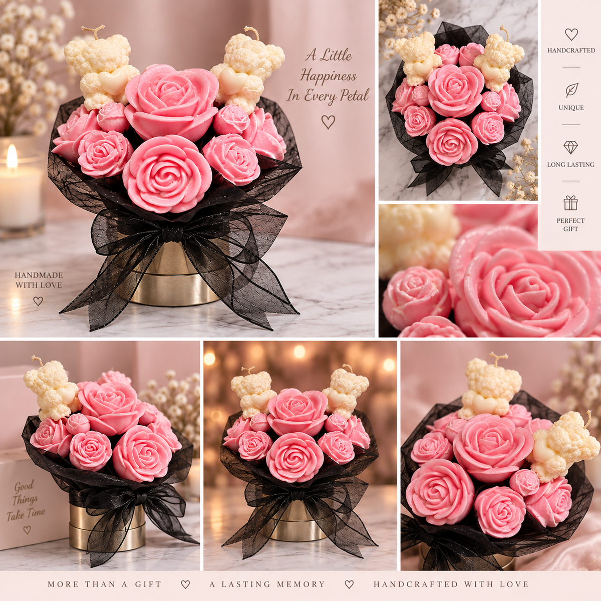 Pink Rose Wax Melt & Teddy Bear Candle Bouquet ๐๐ฏ๏ธ
