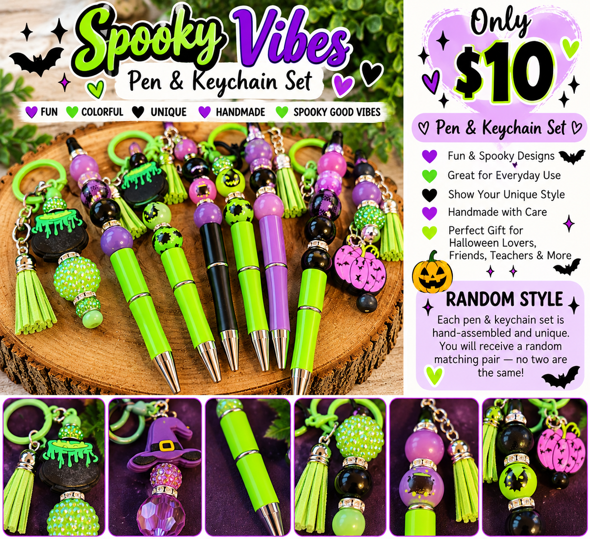 🧙♀️🔮✨🎃👻Spooky Vibes Pen & Keychain Set – Random Pair