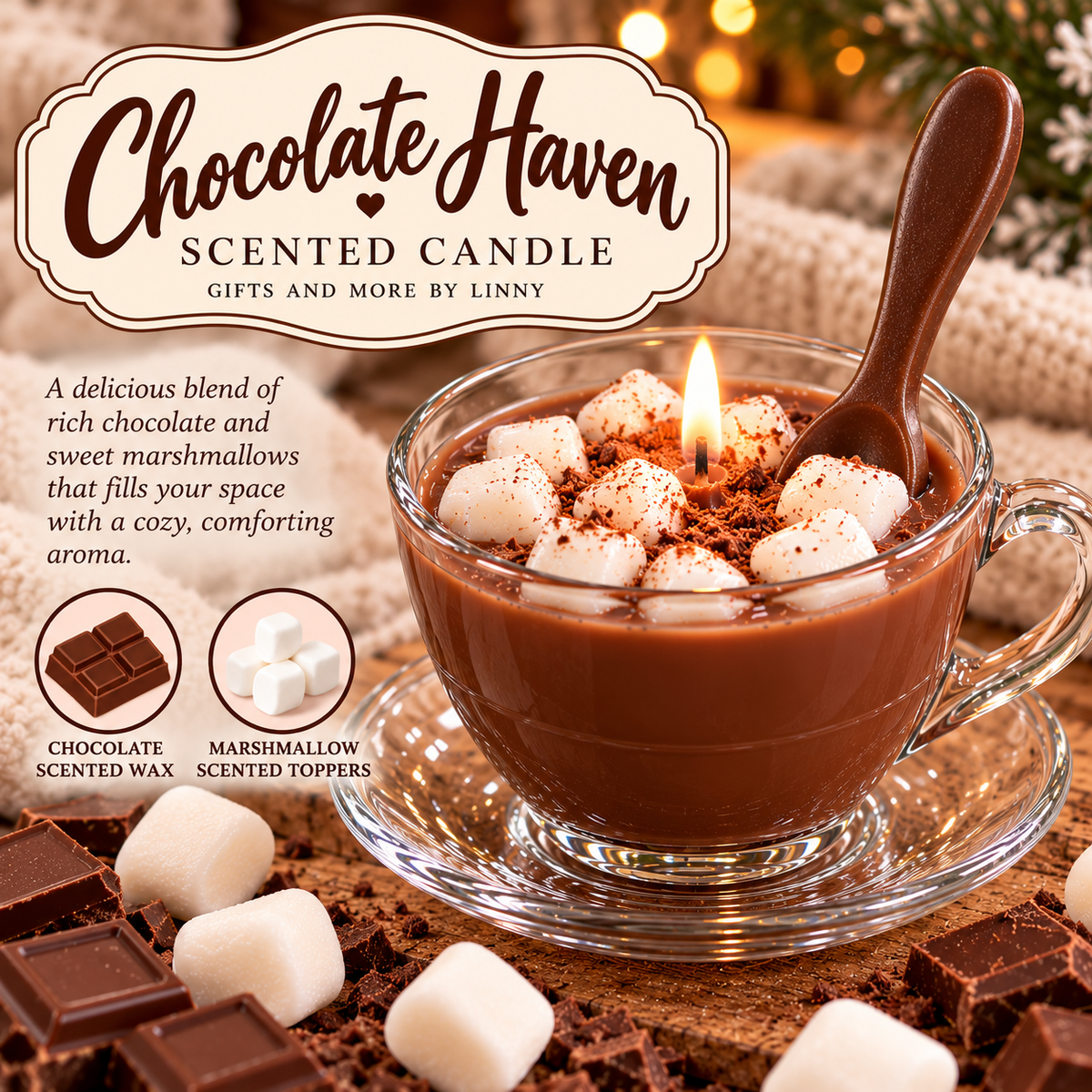 Chocolate Haven scented candle in glass teacup with marshmallow wax toppers and chocolate wax spoon; concept mockup