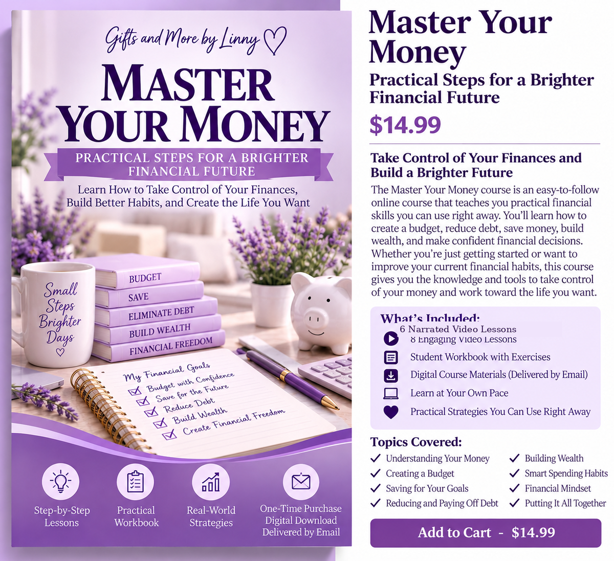 Master Your Money six-lesson digital course $14.99 one-time purchase delivered by email