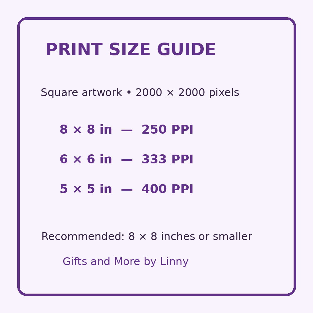 Purple print size guide for square artwork