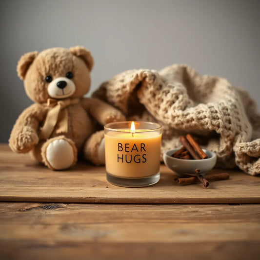 Warm candle flame in a glass jar beside a teddy bear and cozy blanket in soft lighting