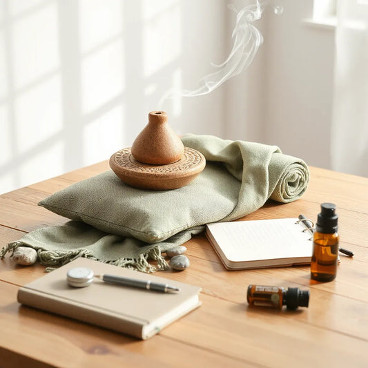 Meditation cushion, journal and pen, stones, and essential oil items arranged on a calm tabletop
