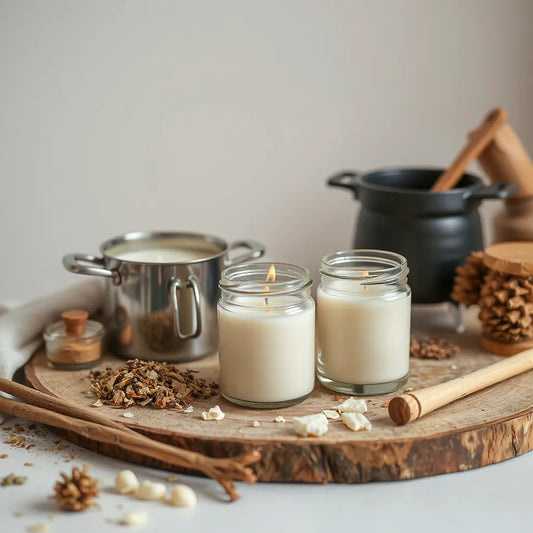 Artisan candles and natural ingredients on a warm workshop table