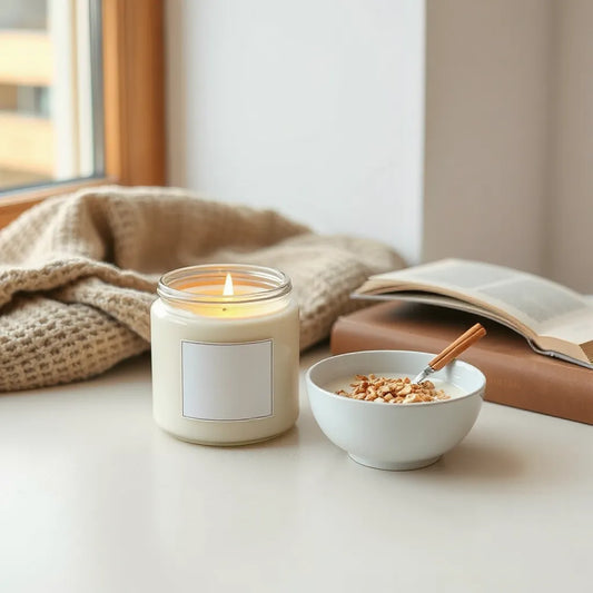 Warm-glowing cereal-inspired candle jar beside a small bowl of cereal and milk on a cozy tabletop.