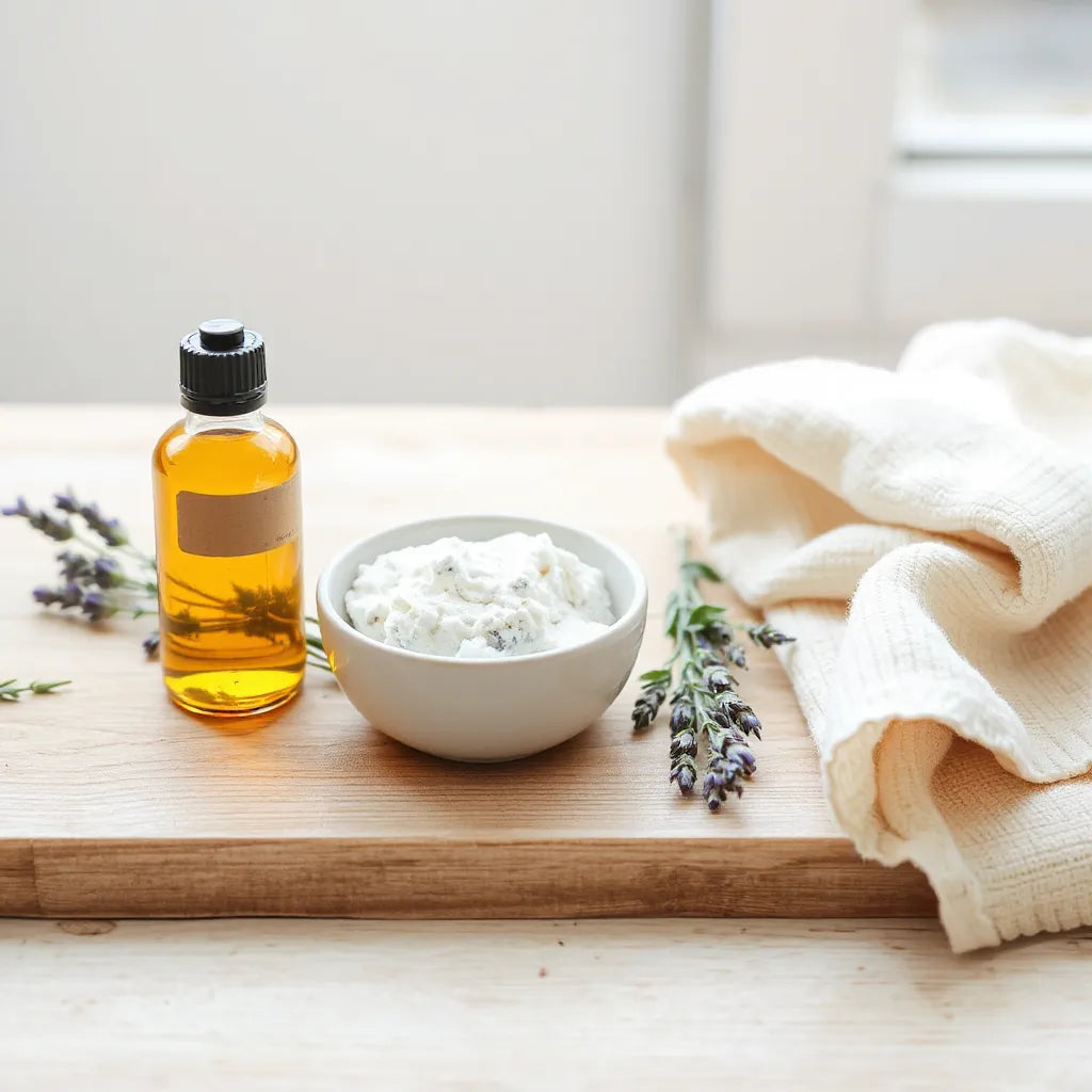 Natural skincare essentials with herbal sprigs, a glass bottle, and a ceramic bowl on a light wood surface