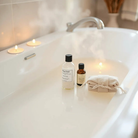 Warm bath water with bath salts, bath oil, and natural soap arranged on a tub edge
