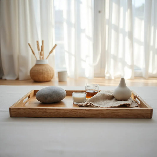 Warm wellness setup with a candle, stone, and linen cloth in soft morning light.