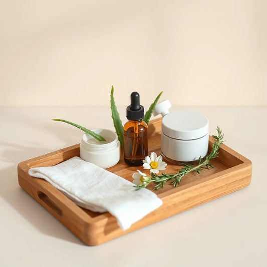 Natural skincare products on a minimalist tray with fresh botanicals and soft daylight