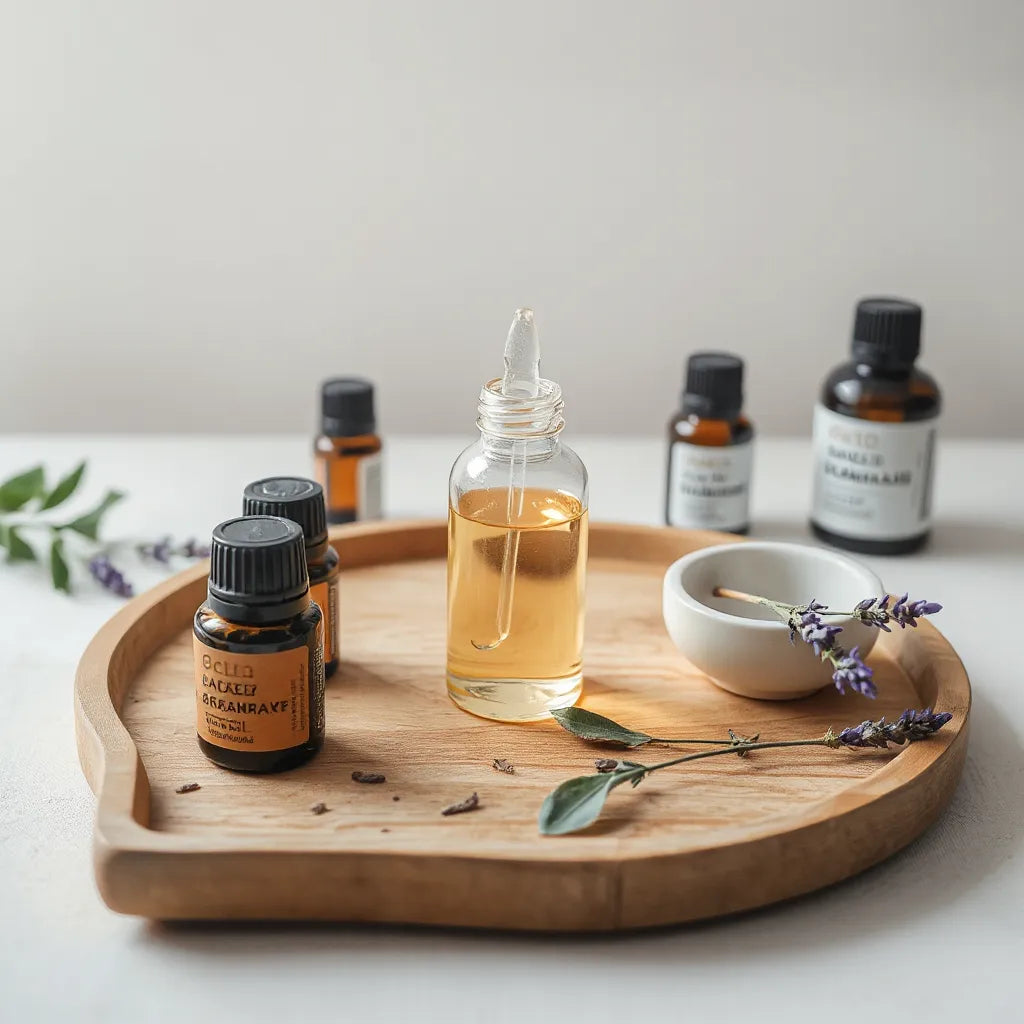 Glass essential oil bottles on a wooden tray with soft light and lavender sprigs
