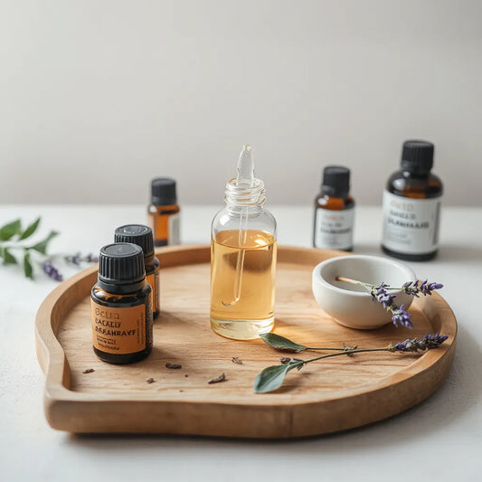 Glass essential oil bottles on a wooden tray with soft light and lavender sprigs