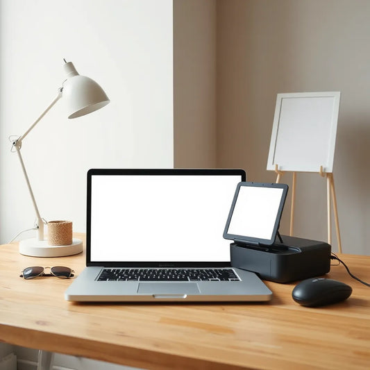 Laptop and printer beside framed artwork mockups on a tidy desk for displaying digital downloads