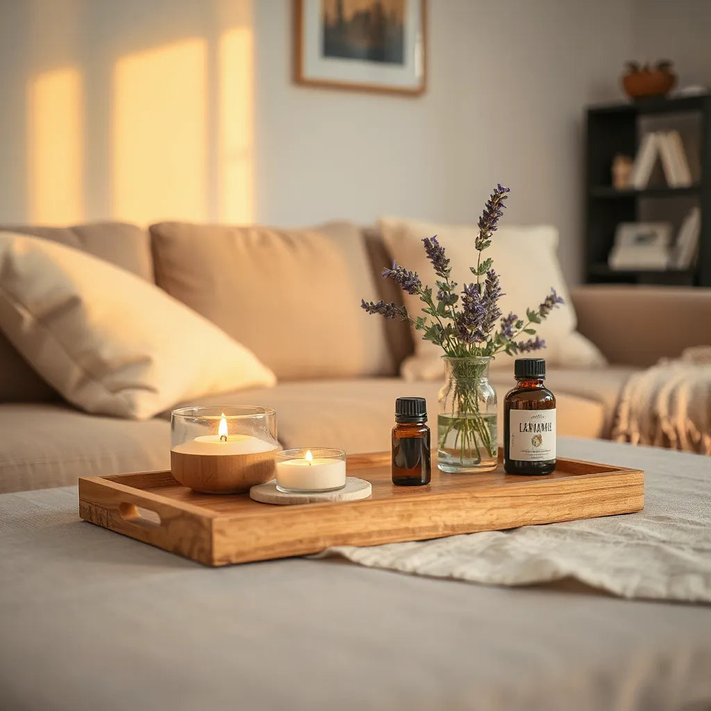 A lit candle and essential oil diffuser on a tray with lavender and eucalyptus for a calm, cozy room