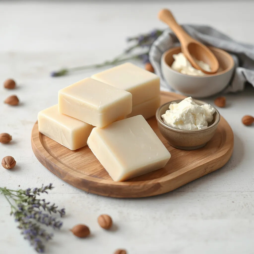 Handcrafted shea butter soap bars with a bowl of shea butter and shea nuts on a wooden tray