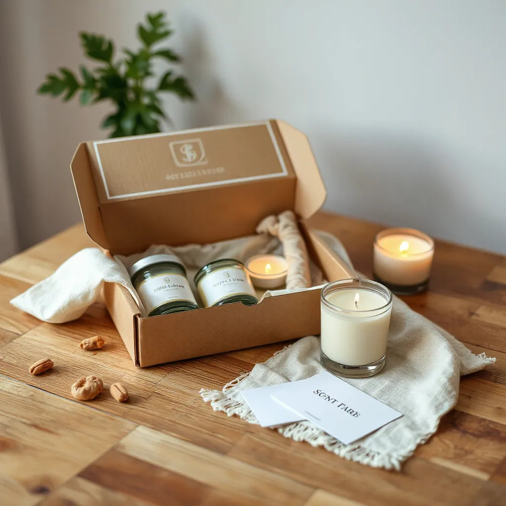 Candle subscription box with small glass candles and warm, cozy table lighting