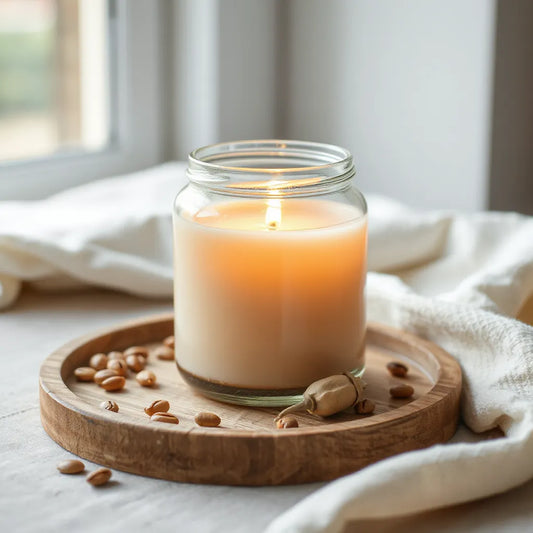 Warm glass jar natural soy candle on a wooden surface with soft window light and minimal greenery