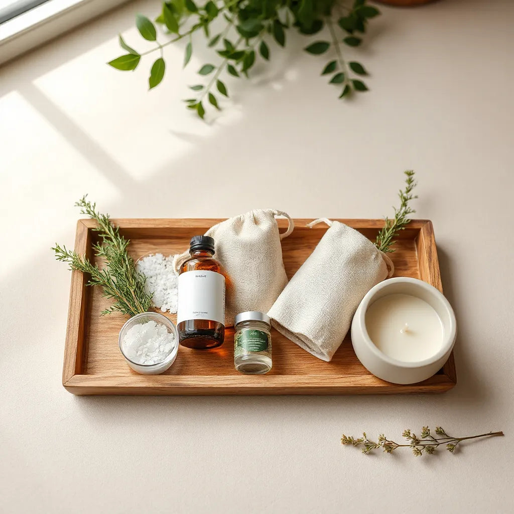 Natural self-care items for holistic wellness laid on a wooden tray with a candle, oils, and bath salts.