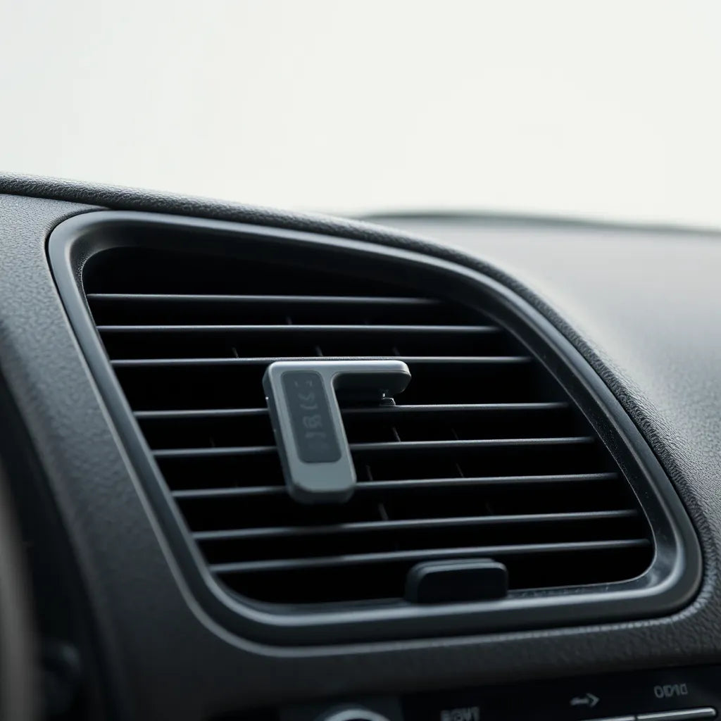 Small air vent clip freshener attached to a car dashboard vent in soft daylight.