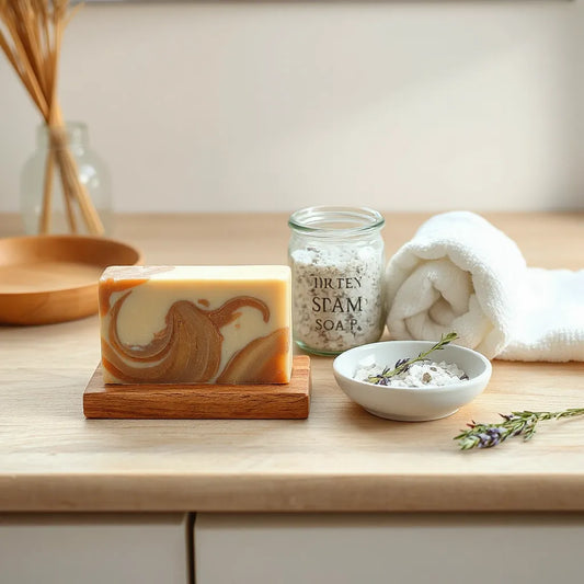Handcrafted bar soap, bath salts, and fresh botanicals arranged on a wooden vanity