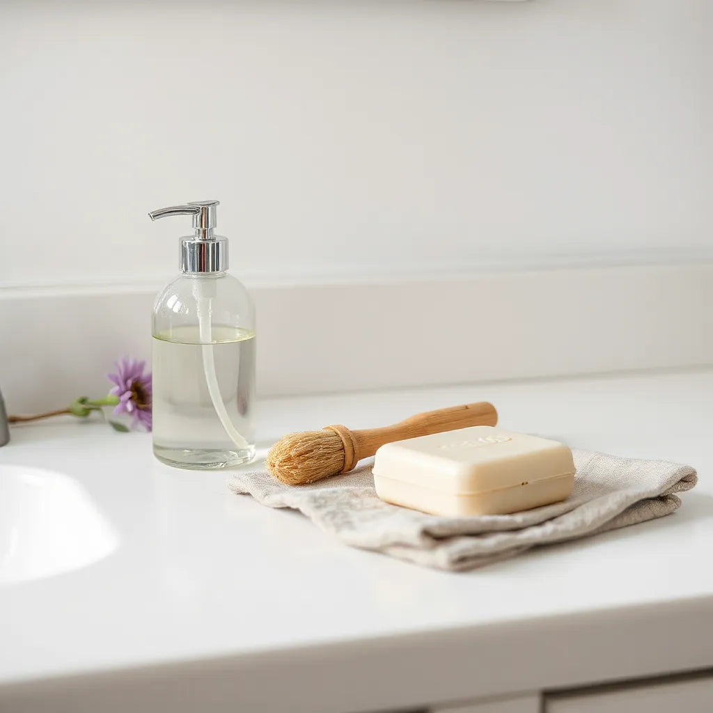 Minimal skincare and personal care products on a light bathroom countertop.