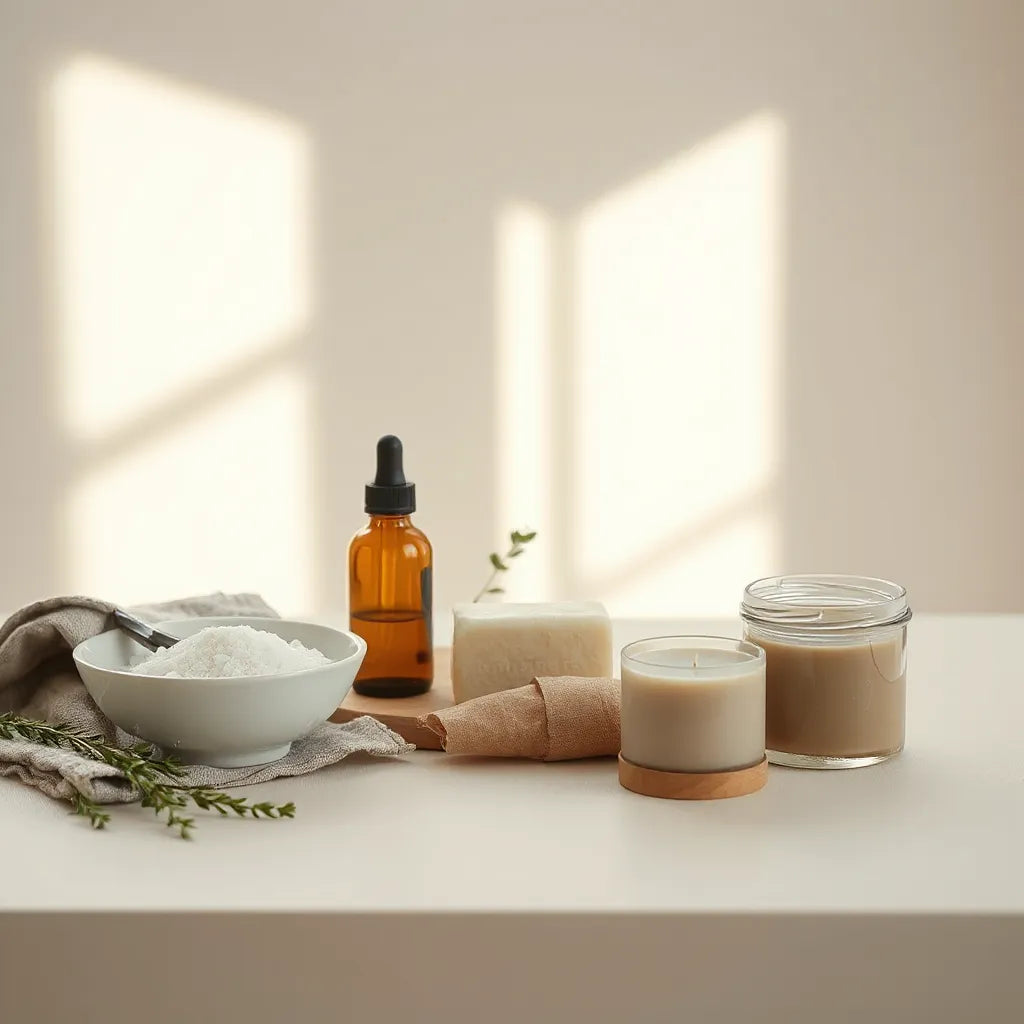 Curated handmade wellness items including bath salts, soap, essential oil, and a candle on a light tabletop