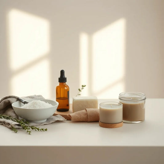 Curated handmade wellness items including bath salts, soap, essential oil, and a candle on a light tabletop