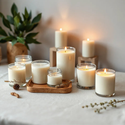 Assorted soy wax candles in glass jars on a wooden tray with warm, cozy lighting