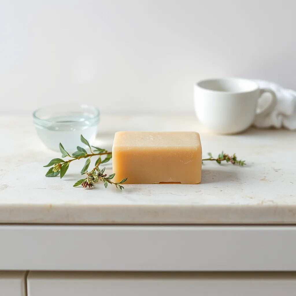 Natural bar soap with eucalyptus sprigs on a clean bathroom countertop.