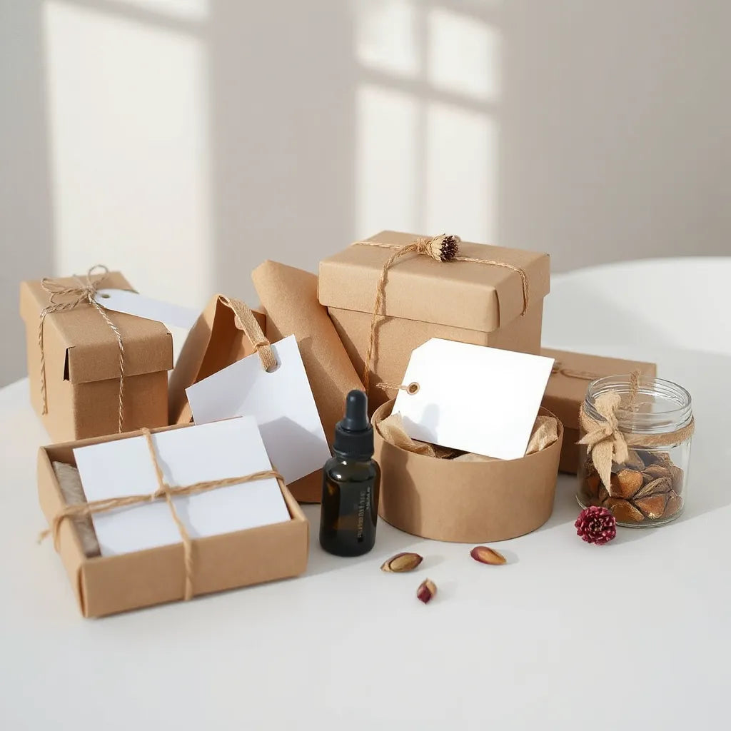 Handcrafted gift sets in kraft boxes with artisan bath and body items and natural accents