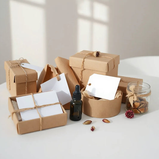 Handcrafted gift sets in kraft boxes with artisan bath and body items and natural accents
