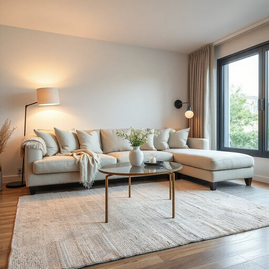 Luxurious living room with warm lighting, plush seating, elegant decor, and a soft textured rug