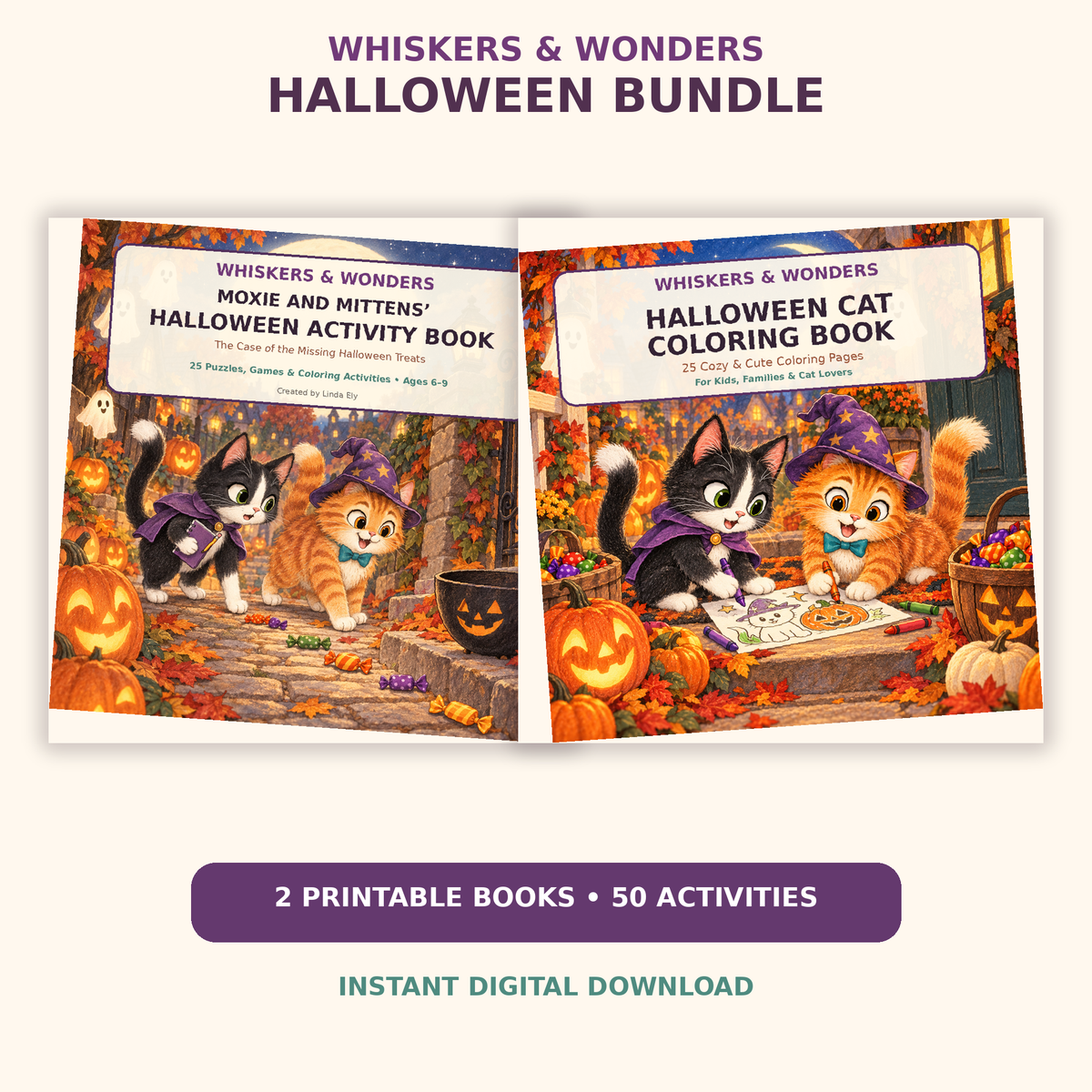 Halloween Activity and Coloring Book Bundle – 50 Printable Cat Activities for Kids