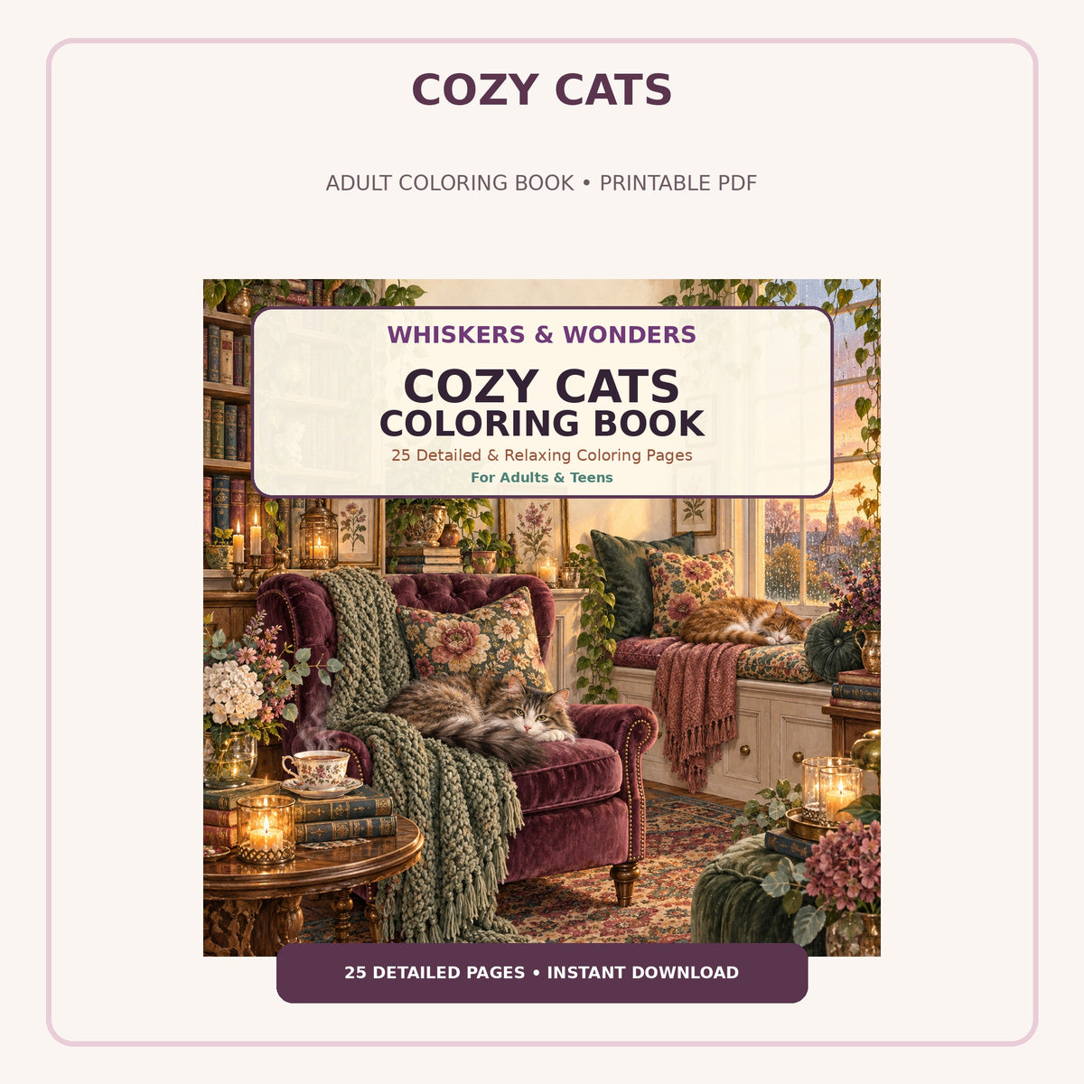 Cozy Cats Adult Coloring Book – 25 Detailed Printable Pages for Adults and Teens