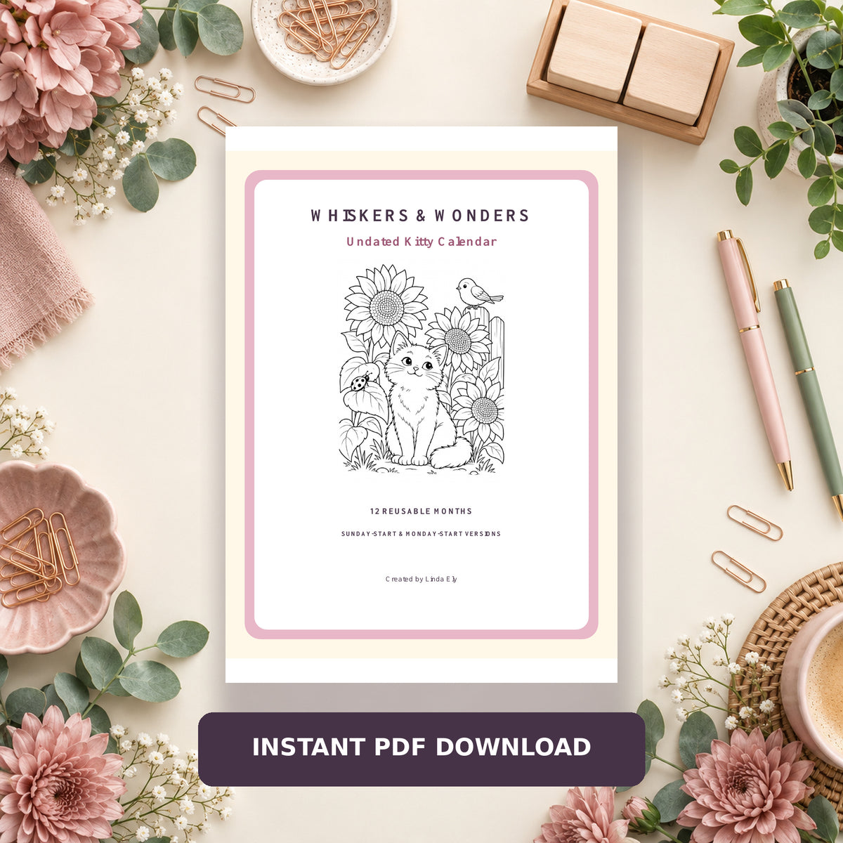 Whiskers & Wonders Undated Kitty Calendar – Printable PDF
