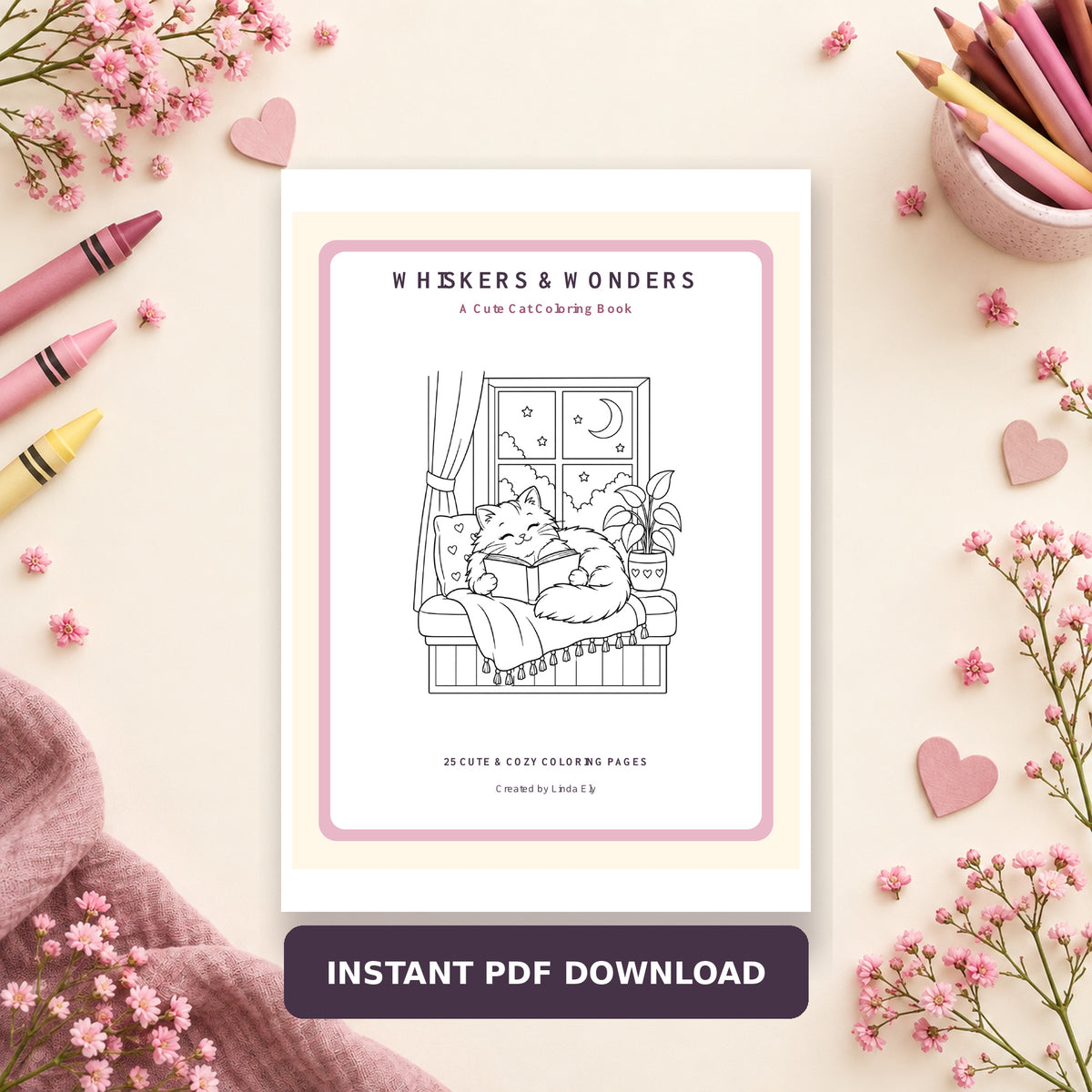 Whiskers & Wonders Printable Cat Coloring Book – 25 Pages.