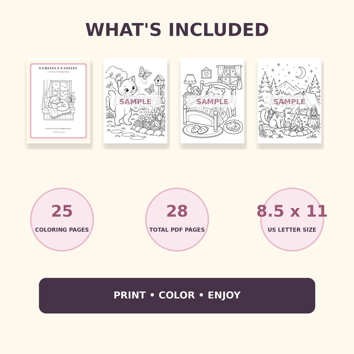 Whiskers & Wonders Printable Cat Coloring Book – 25 Pages.