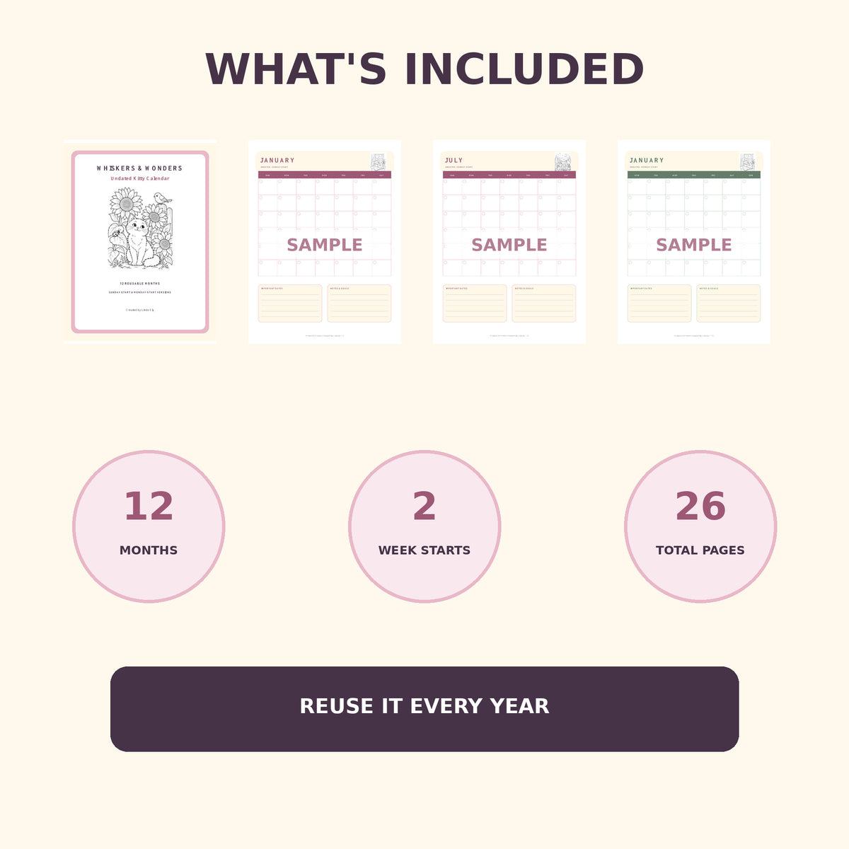 Whiskers & Wonders Undated Kitty Calendar – Printable PDF