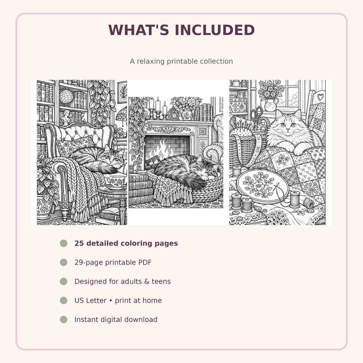 Cozy Cats Adult Coloring Book – 25 Detailed Printable Pages for Adults and Teens