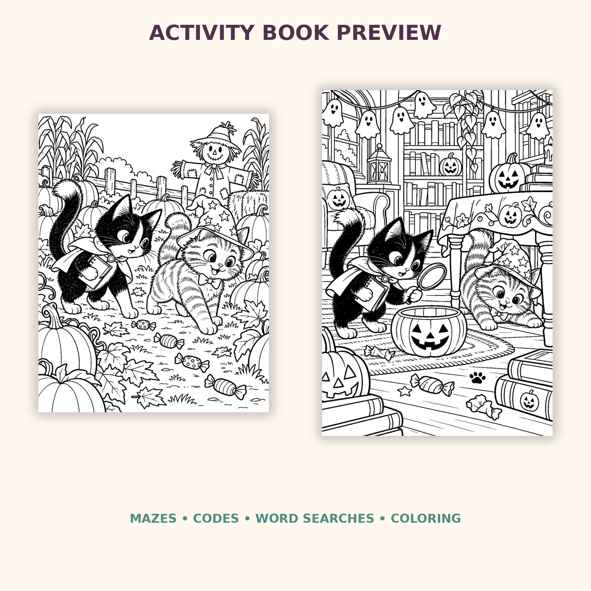 Halloween Activity and Coloring Book Bundle – 50 Printable Cat Activities for Kids