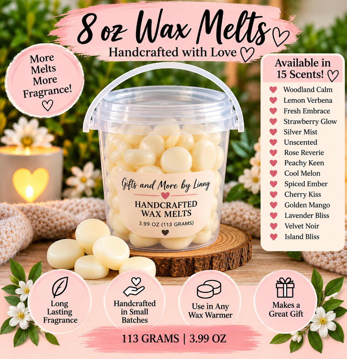 8 oz wax melts promotional mockup with 15 scent choices and 113g net weight