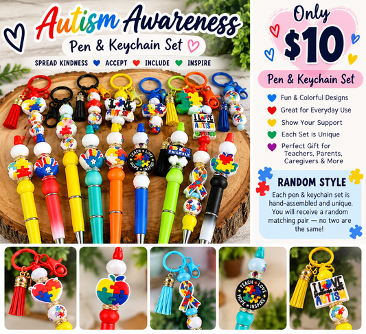 Example autism awareness handmade beaded pen and keychain set with colorful accents; actual random pair and design may vary