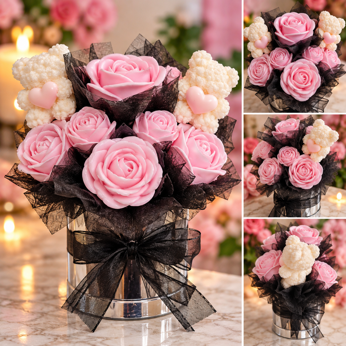 Pink Rose Teddy Bear Candle Bouquet 💕🕯️
