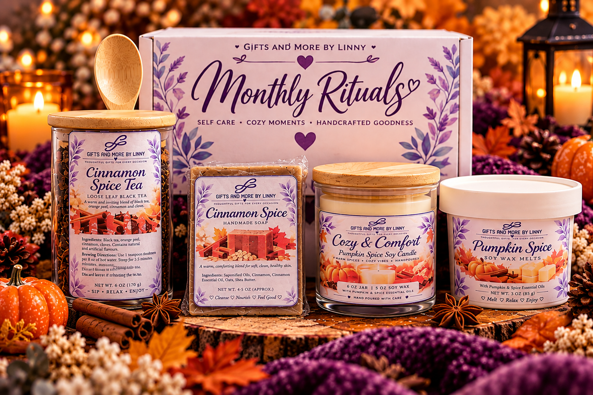 Essential Ritual monthly subscription promotional image for candle, wax melts, handmade soap and seasonal tea; example only