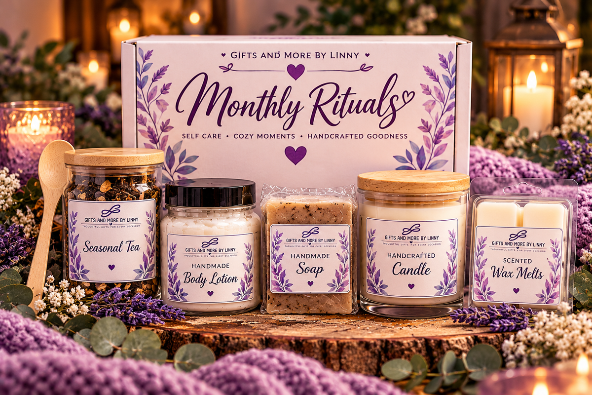 Illustrative Complete Ritual monthly self-care subscription box with candle, wax melts, soap, lotion and tea; monthly selections vary