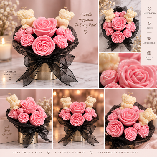 Handcrafted Love in Bloom teddy bear and rose candle bouquet gift arrangement