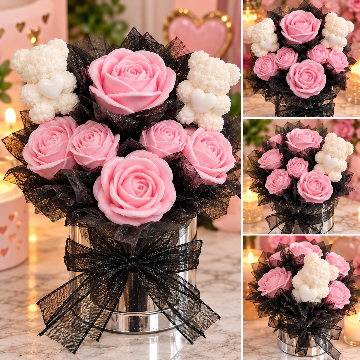 Pink Rose Teddy Bear Candle Bouquet 💕🕯️