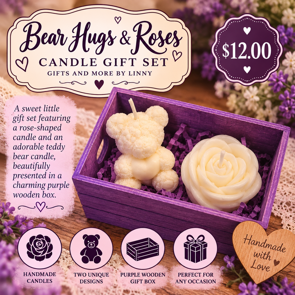 Bear Hugs & Roses promotional mockup with ivory teddy bear and rose candles in purple wooden box
